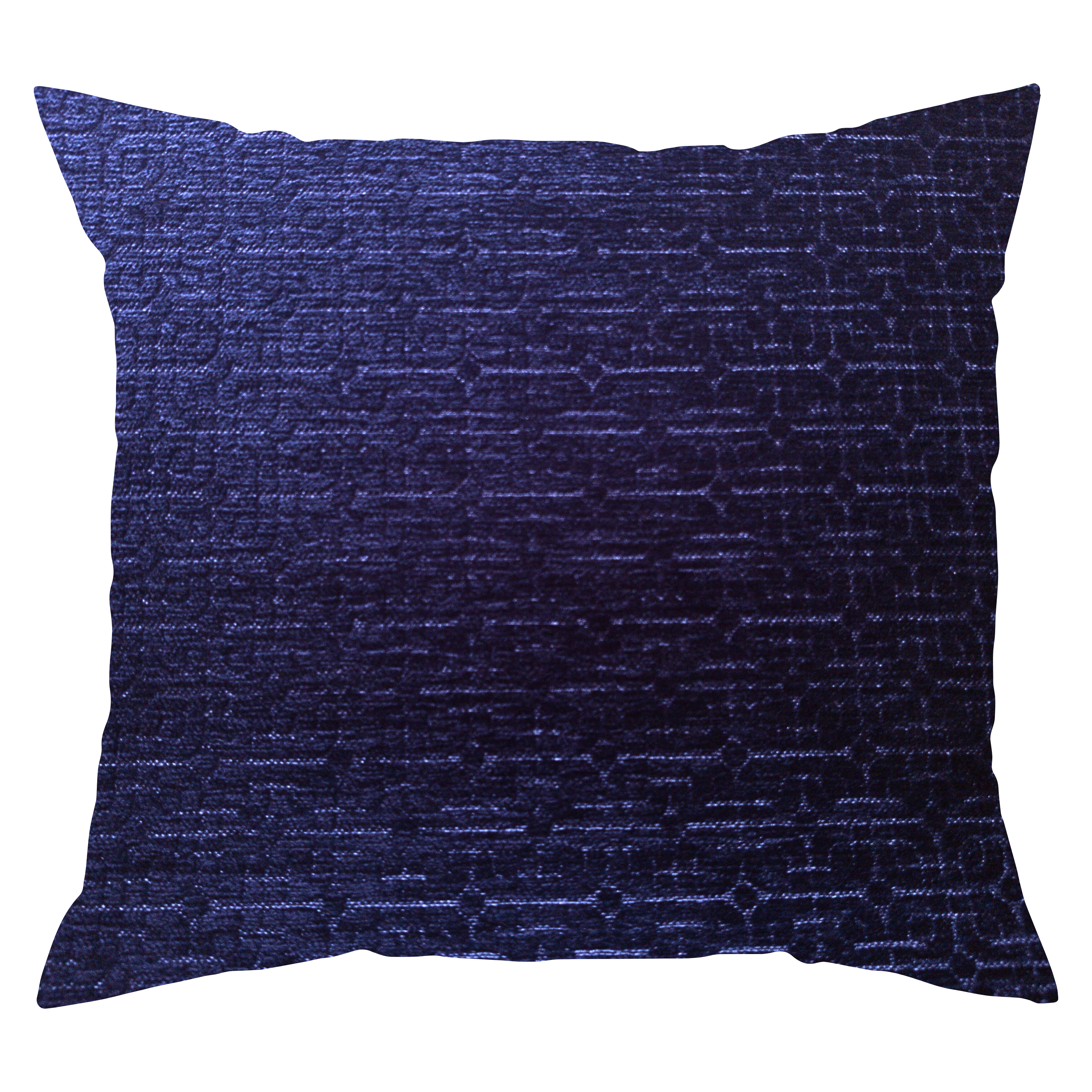 A navy blue velvet throw pillow with a subtle geometric pattern of decorative squares.