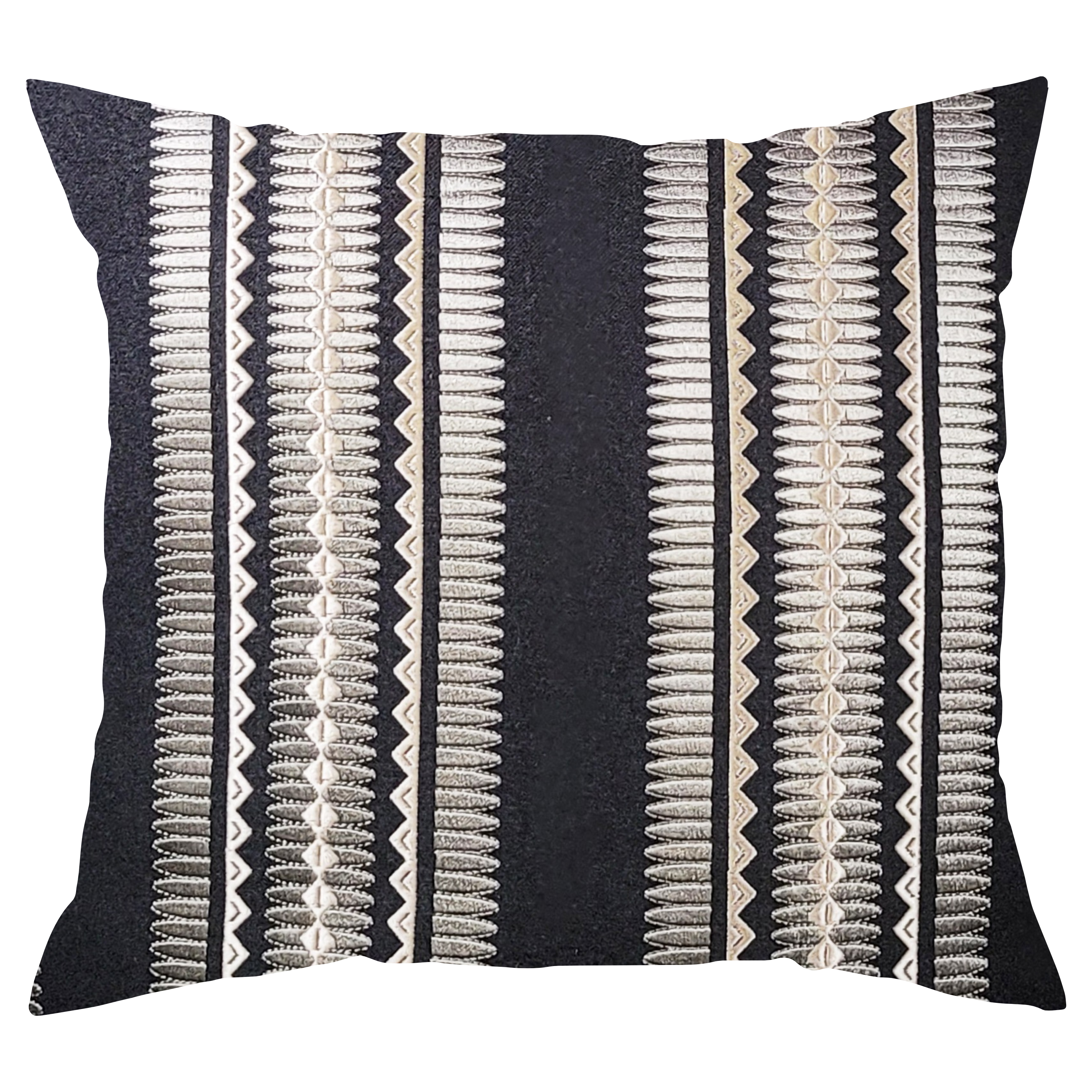 A square-shaped throw pillow with a geometric pattern featuring silver accents on a black background, with a matching black plush fabric backing.
