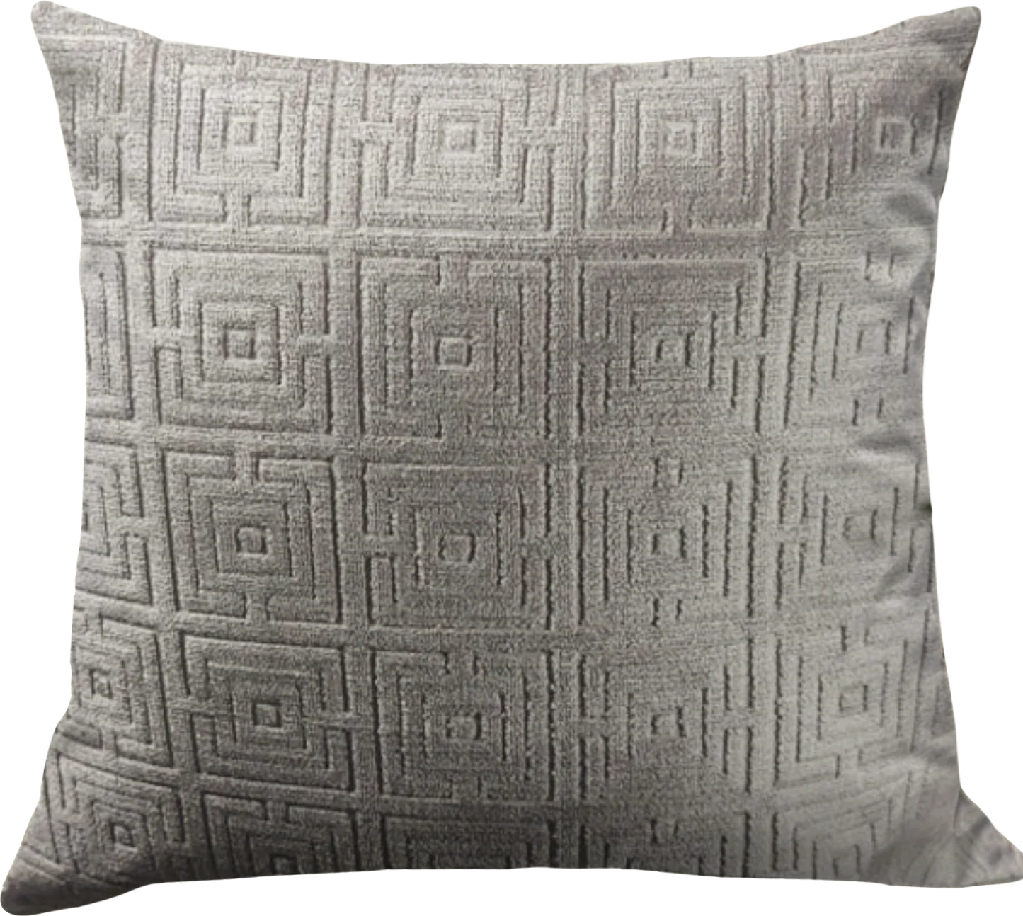 A square-shaped throw pillow with a geometric Greek key pattern in a shiny silver finish.