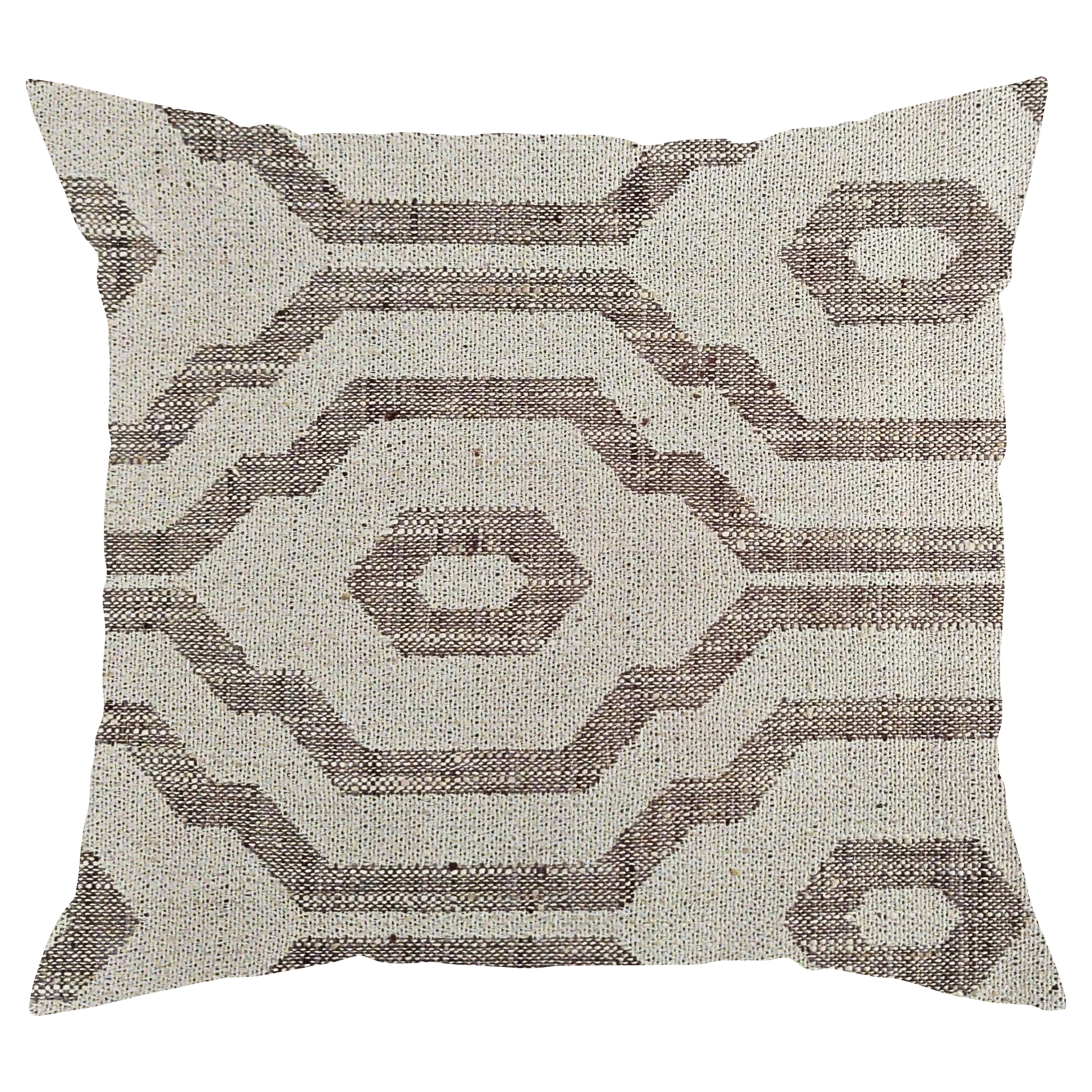 A square throw pillow with a taupe background featuring a large trellis pattern in darker gray.