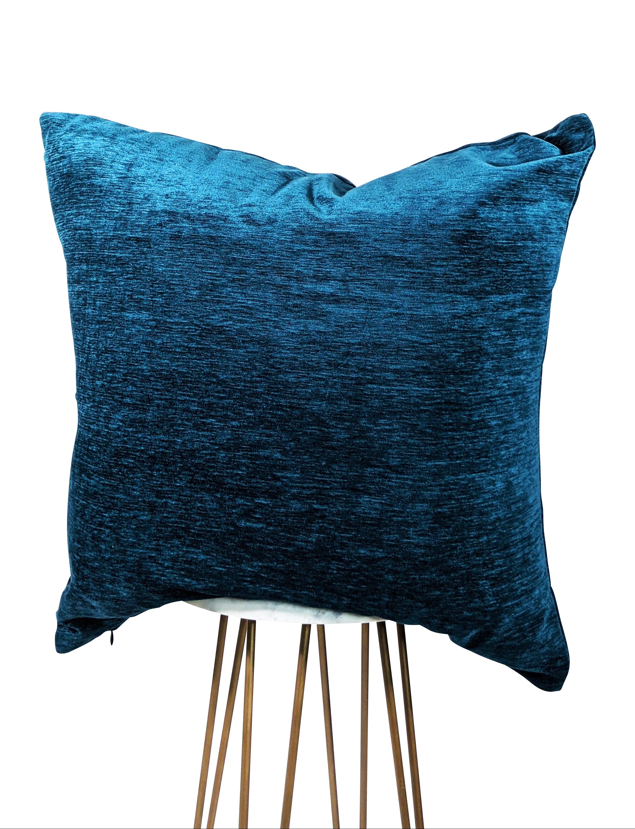 A dark teal chenille throw pillow with a smooth texture.