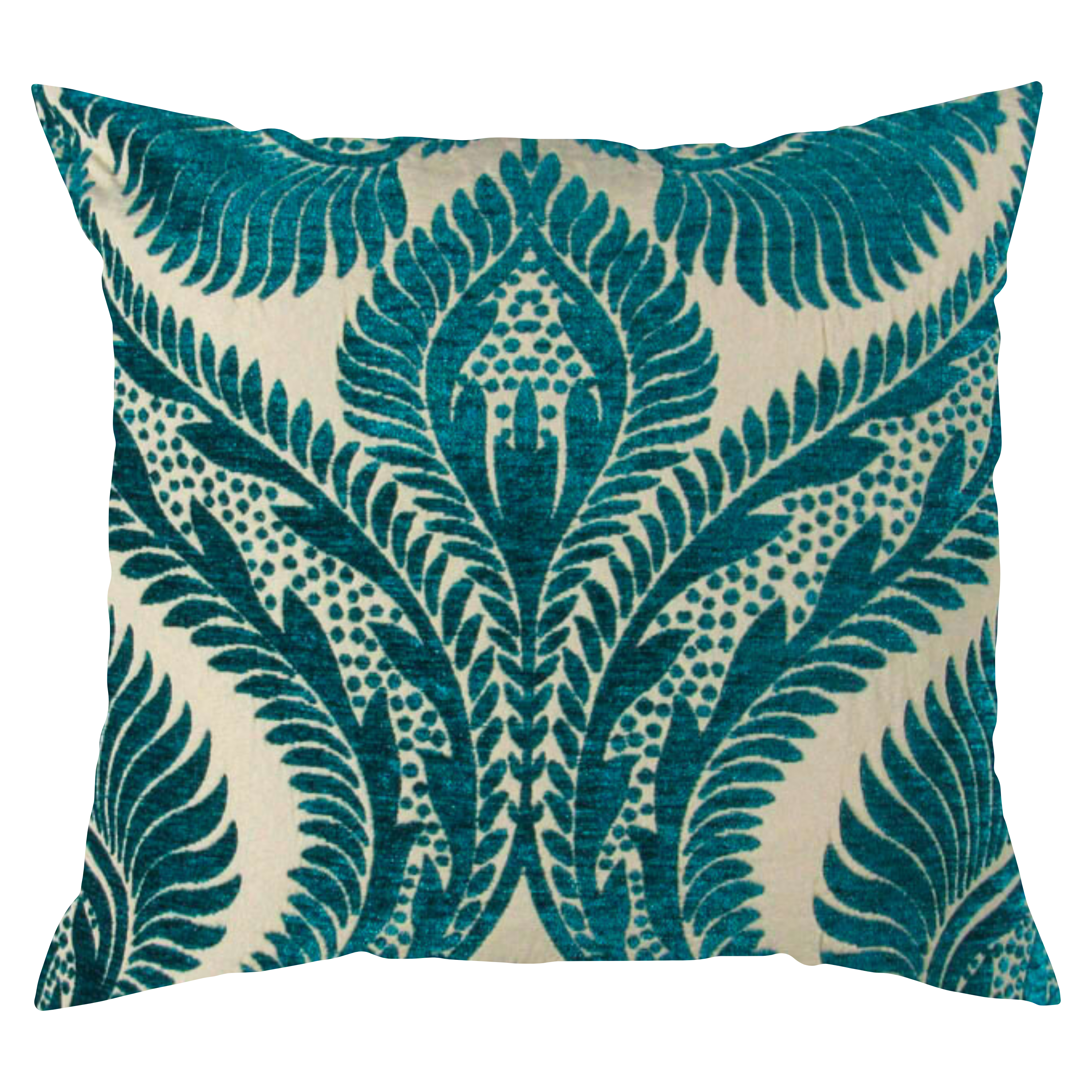 A square-shaped throw pillow with a cream and shiny teal color scheme, featuring a damask pattern.