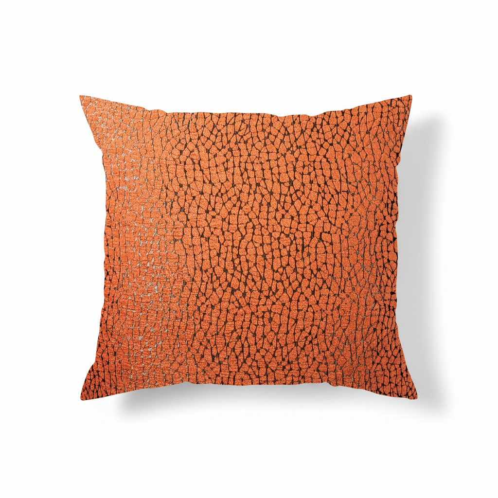 An orange chenille throw pillow with a cracked design, featuring various square and triangular shapes created by olive brown lines on a white background.