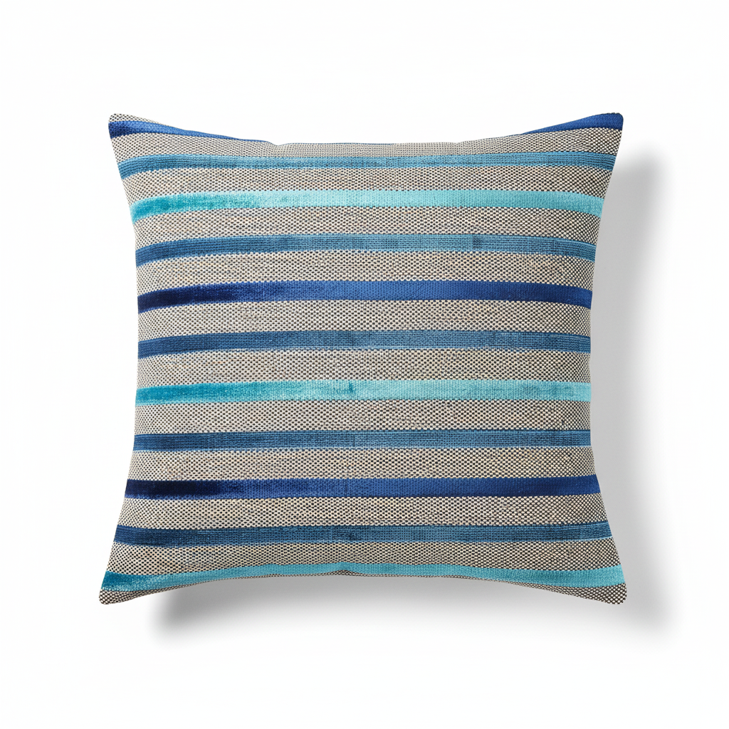 A square-shaped throw pillow with a striped pattern in three shades of blue (light blue, medium blue, and aqua) against a light gray background, with a matching aqua plush fabric backing.