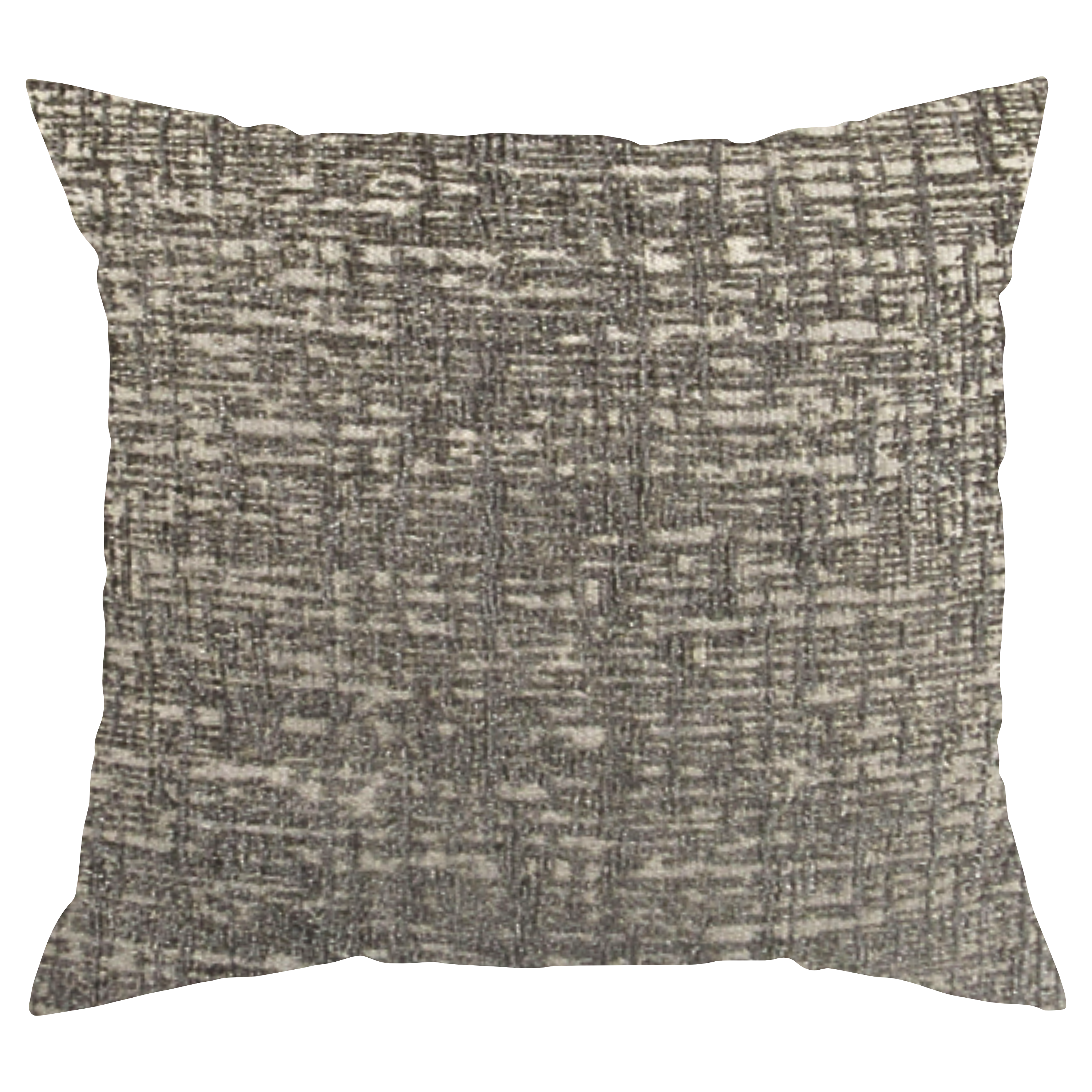A square-shaped throw pillow with a textured gray and white color scheme.