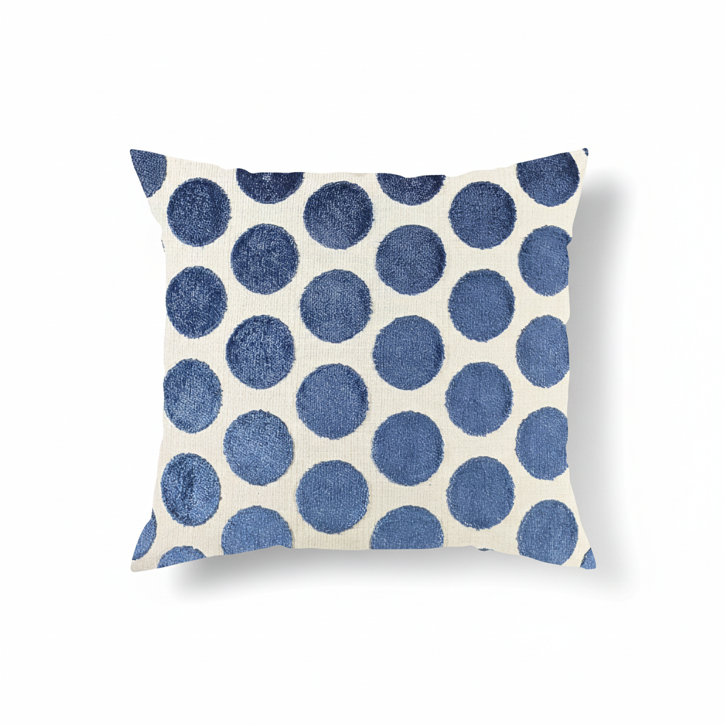 A throw pillow with a creamy white background featuring large blue polka dots.