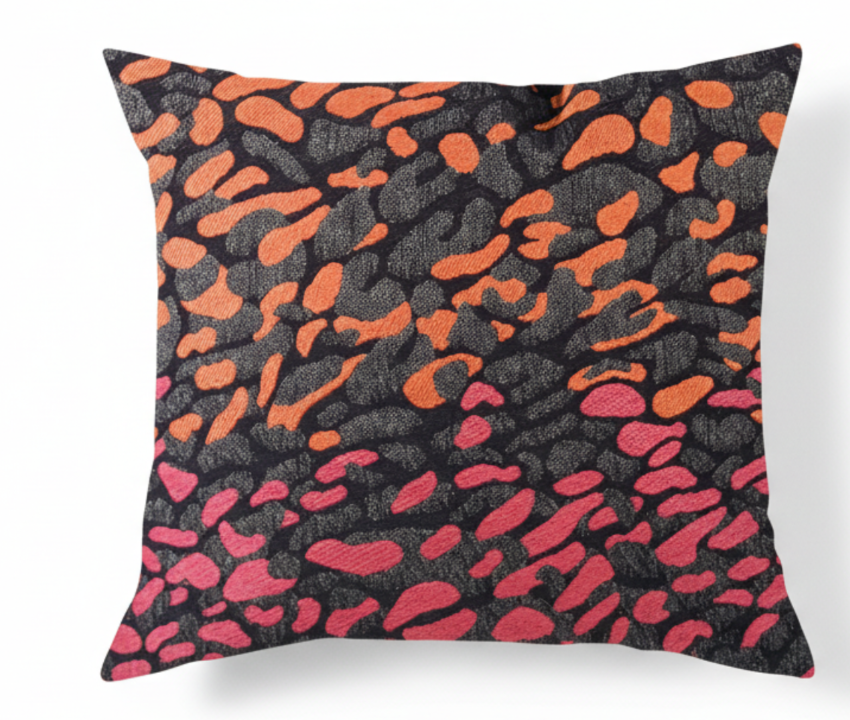 A square-shaped throw pillow with an abstract pattern of fuchsia and orange amoeba-like shapes on a dark background.