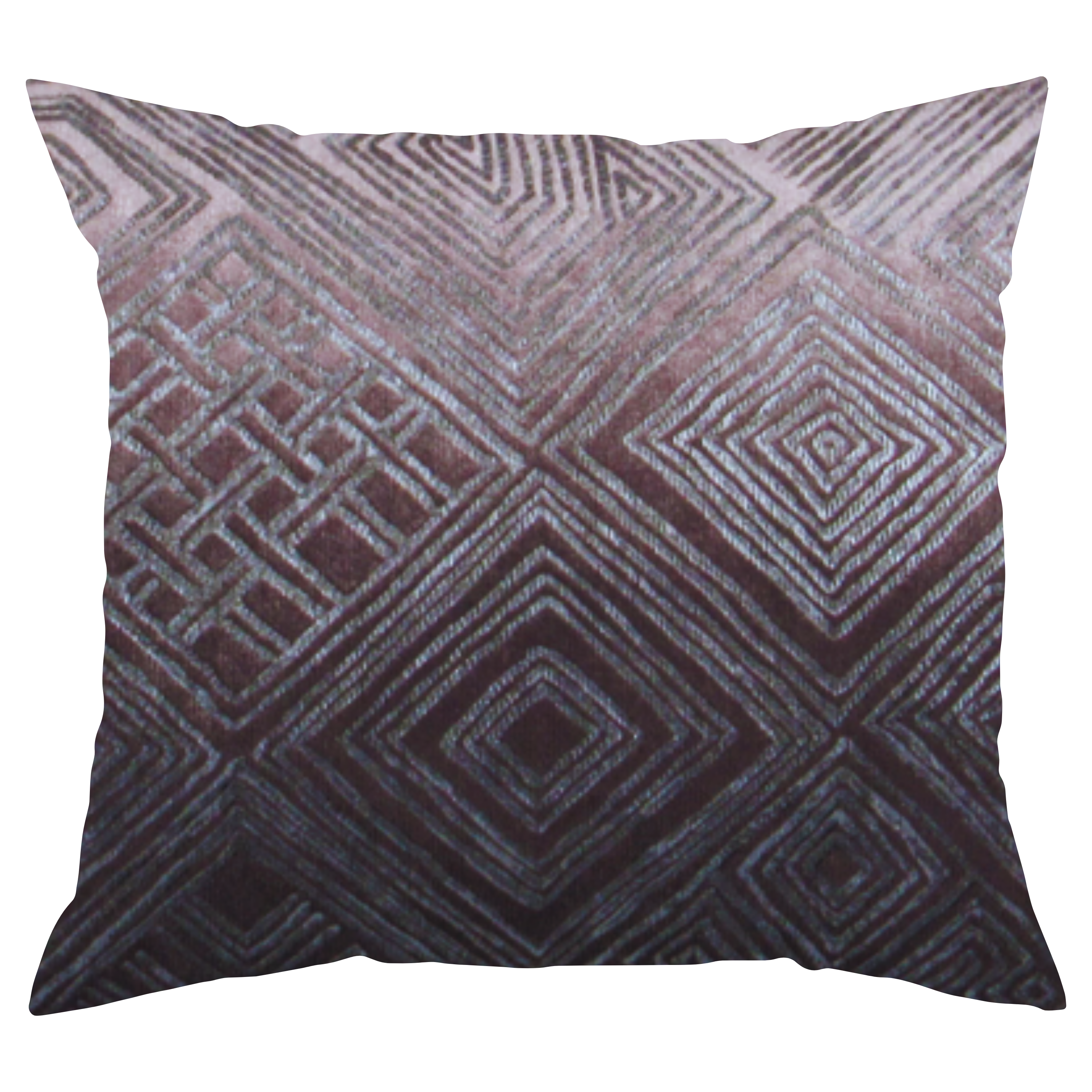 A square-shaped throw pillow with a geometric pattern in shades of purple and silver.