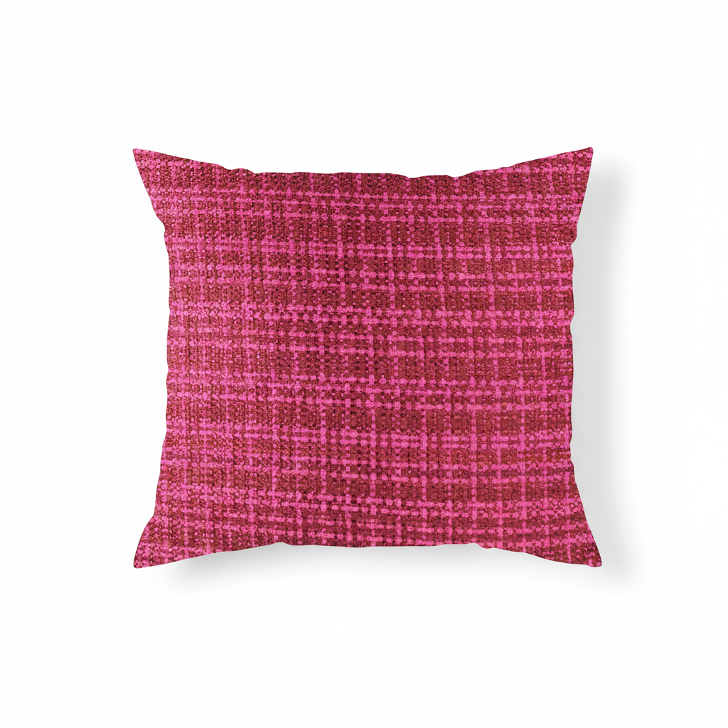 A square-shaped throw pillow with a vivid raspberry and hot pink plaid pattern.