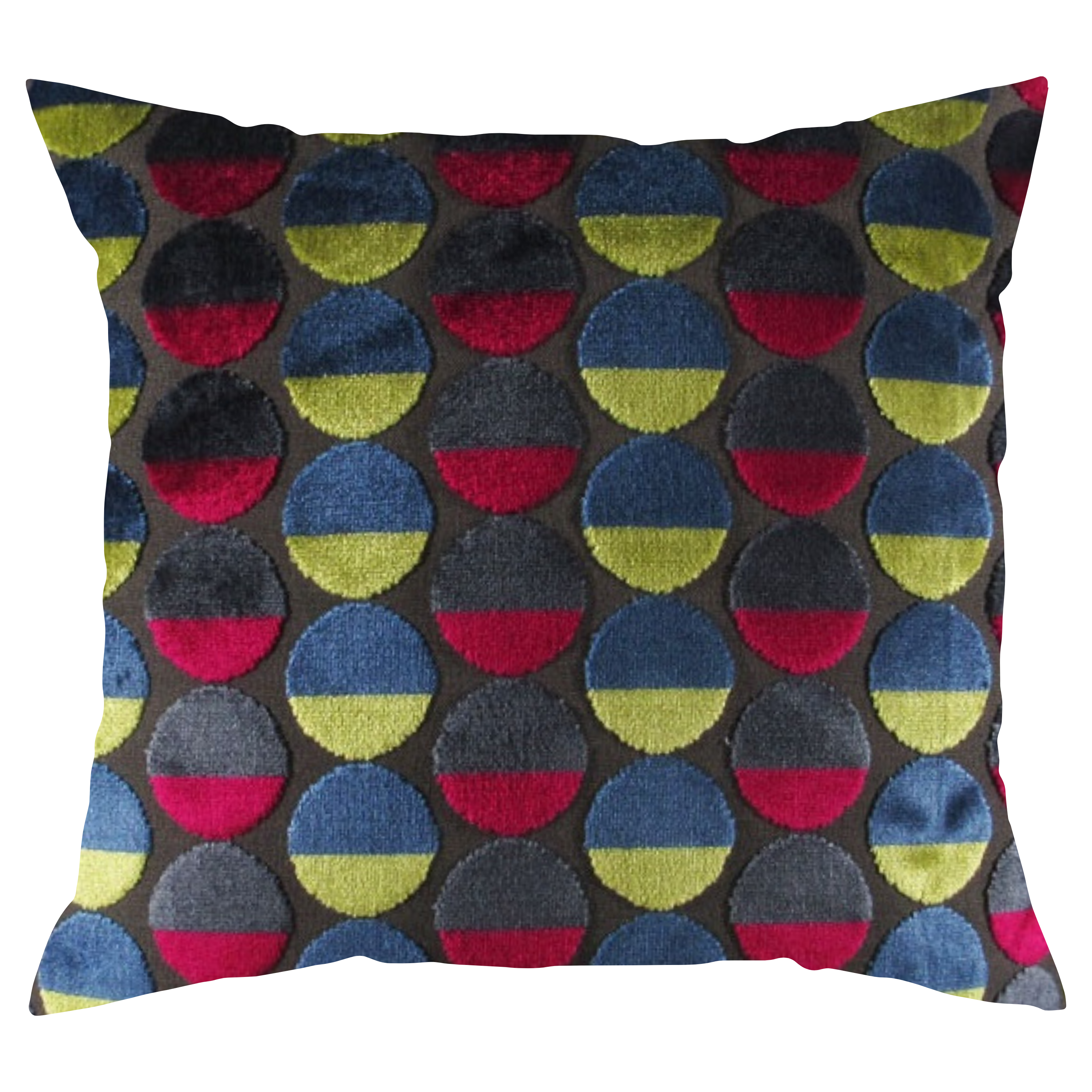 A decorative pillow with a pattern of multicolored circles on a dark background, with a blue velvet fabric backing.