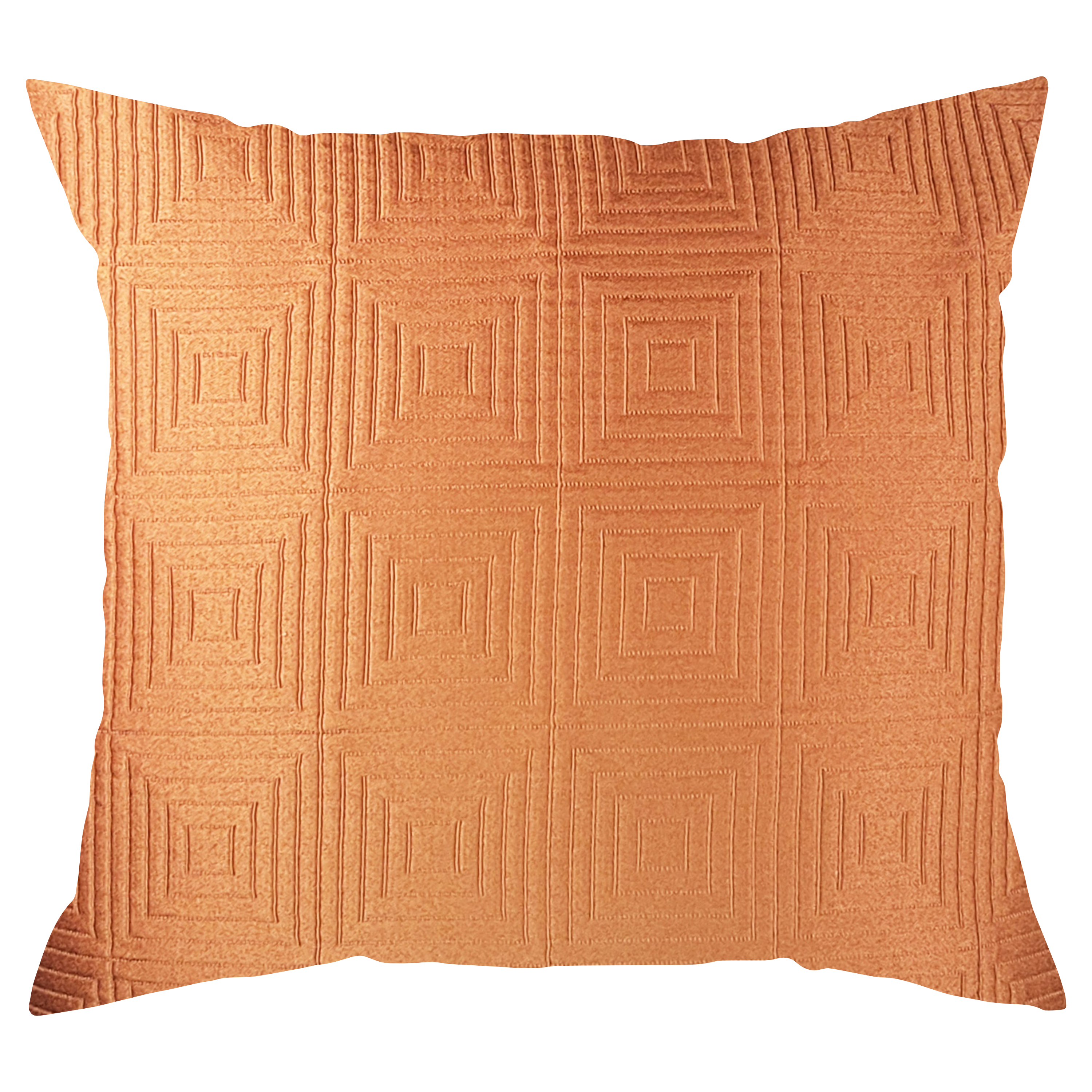 A square-shaped rust orange accent pillow with a textured geometric pattern.