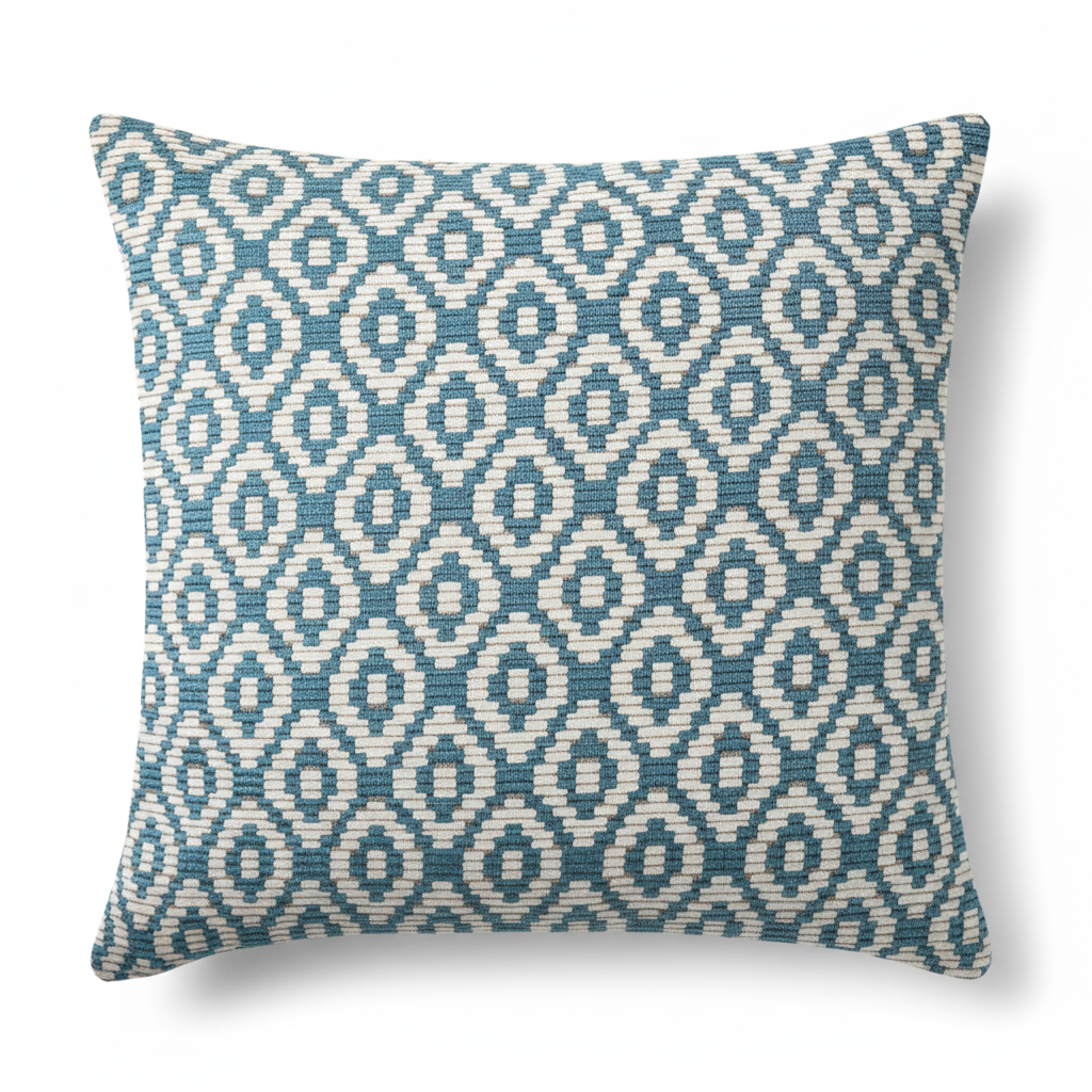 A square-shaped throw pillow with a geometric pattern, featuring teal blue diamond shapes on a beige background, with a textured appearance.