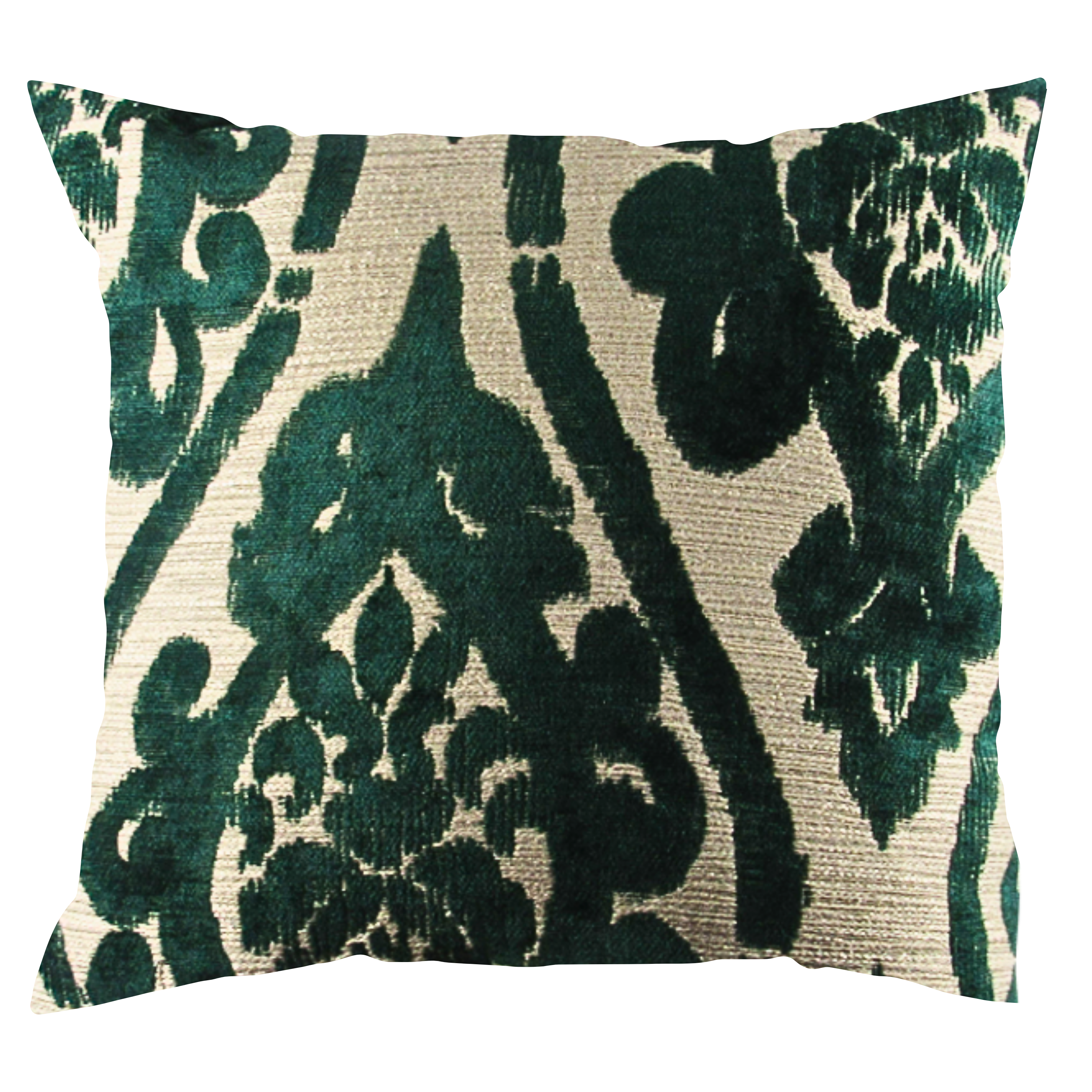 A throw pillow with a creamy background featuring a grandiose green damask pattern.