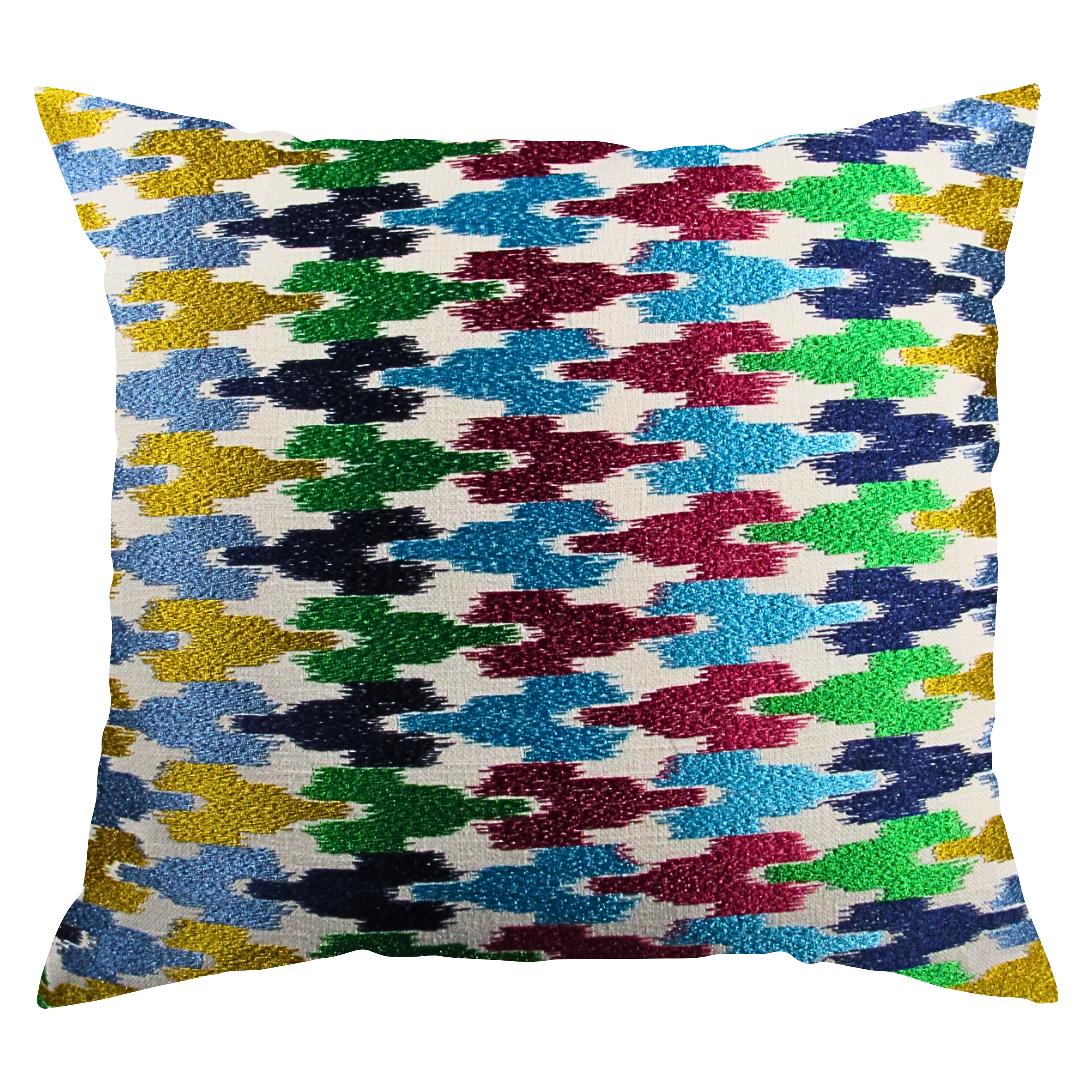 A multicolored geometric patterned pillow cover.