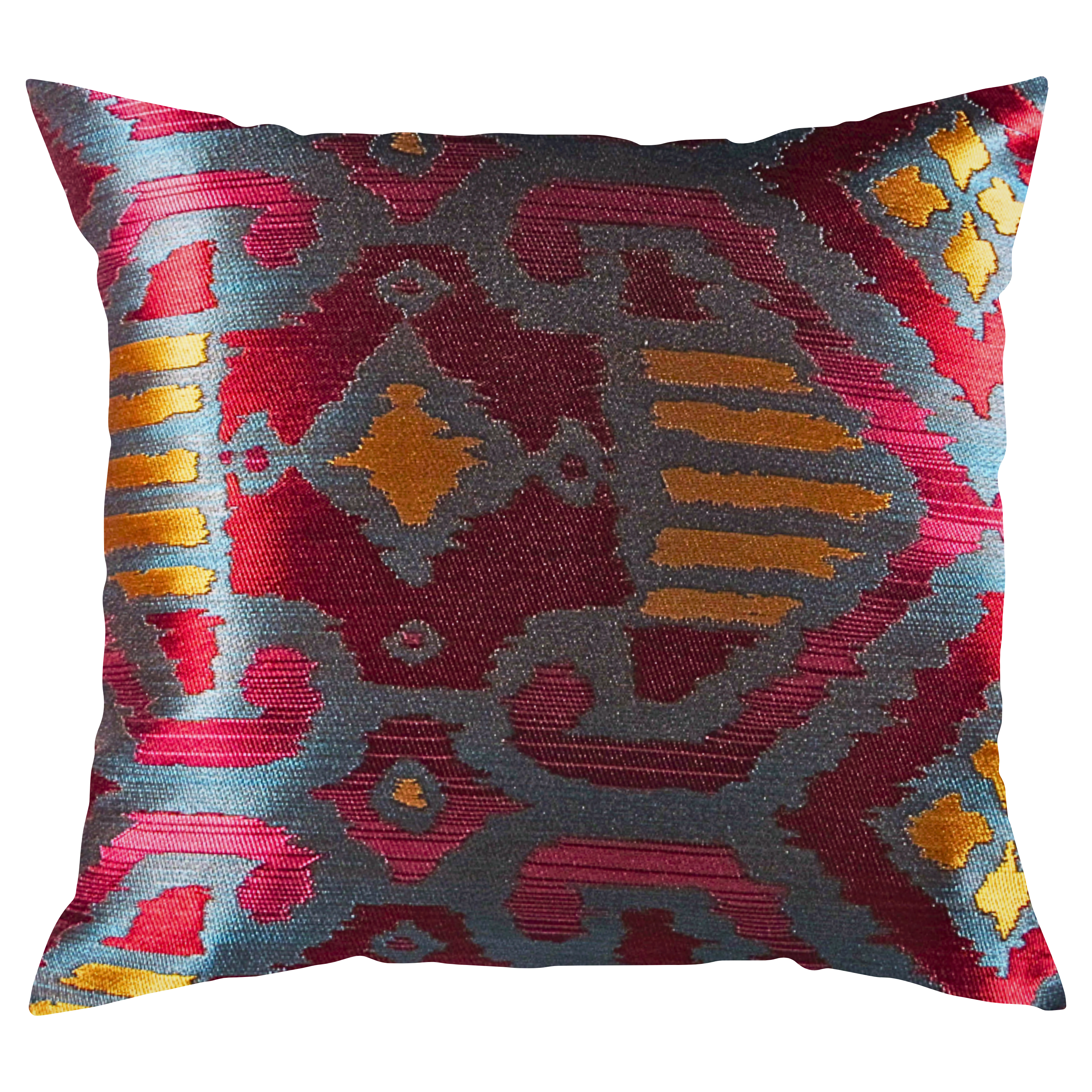 A square-shaped throw pillow with an abstract geometric design in shades of burgundy, fuchsia, gold, and dark teal blue with a shiny finish.