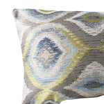 up-close view of a blue, green, gray and white throw pillow with big designs