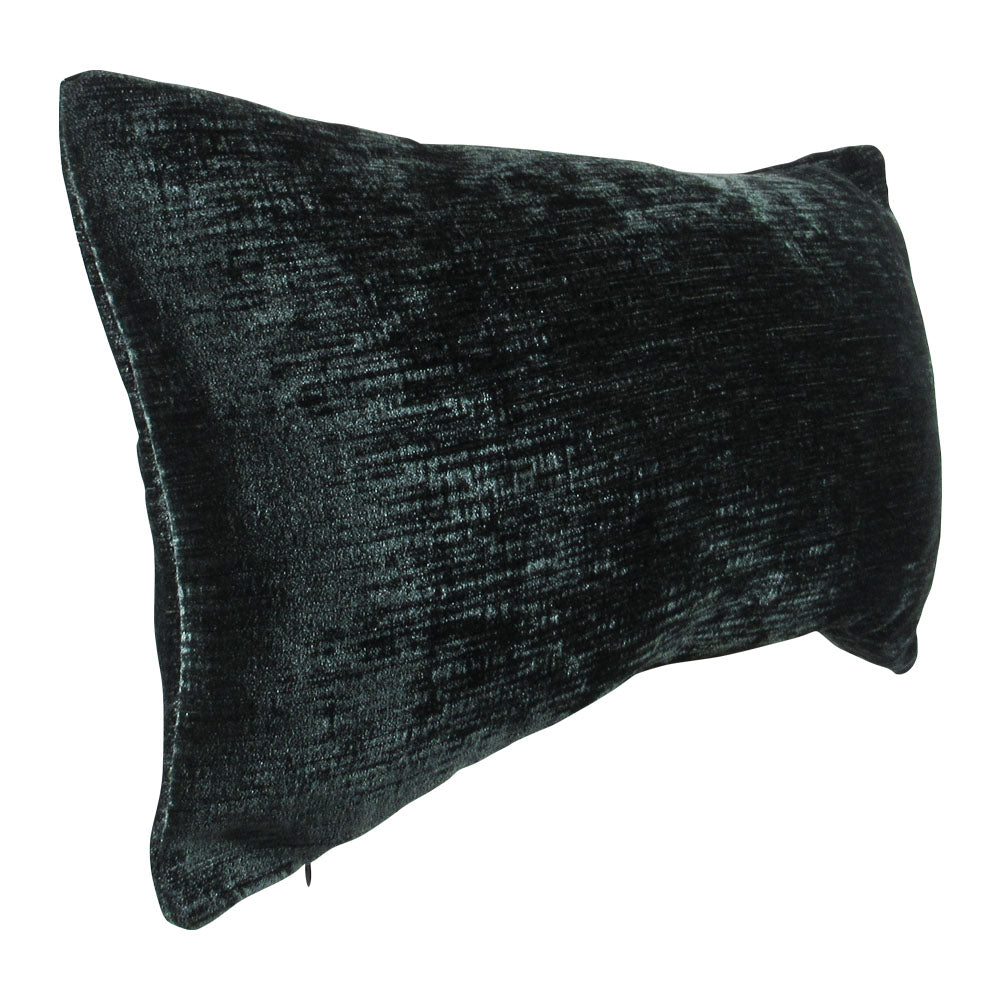 side-view of a shiny velvet forest green 13x21 rectangle throw pillow.