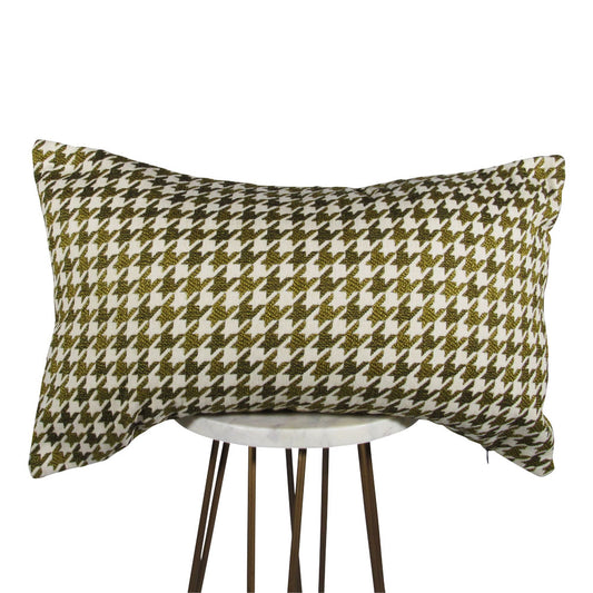 yellow, cream and olive green 13x21 rectangle throw pillow with houndstooth design throughout, displayed on small white table.