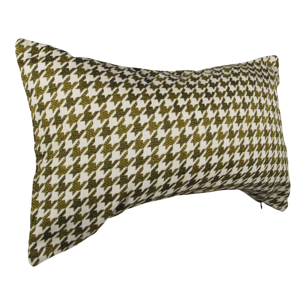 side-view of a yellow, cream and olive green 13x21 rectangle throw pillow with houndstooth design throughout.