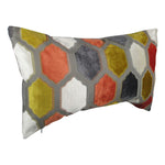 yellow, orange, gray and white 13x21 lumbar throw pillow with velvet geometric shapes.