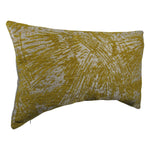 side-view of a yellow and light gray 13x21 rectangle throw pillow with abstract design throughout.