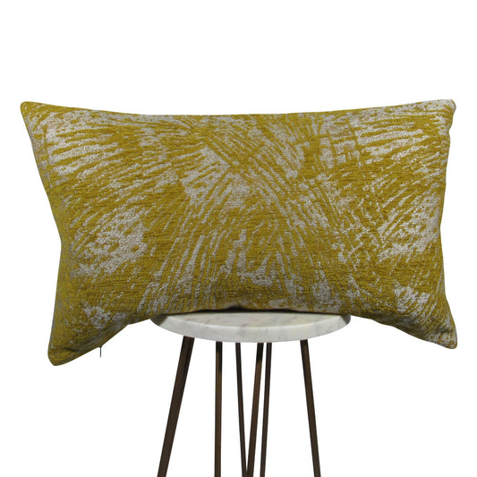 yellow and light gray 13x21 rectangle throw pillow with abstract design throughout, displayed on small white table.