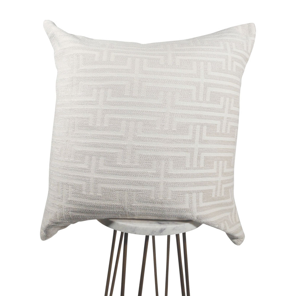 Pearl white Greek key square throw pillow styled on display | Makena Decor