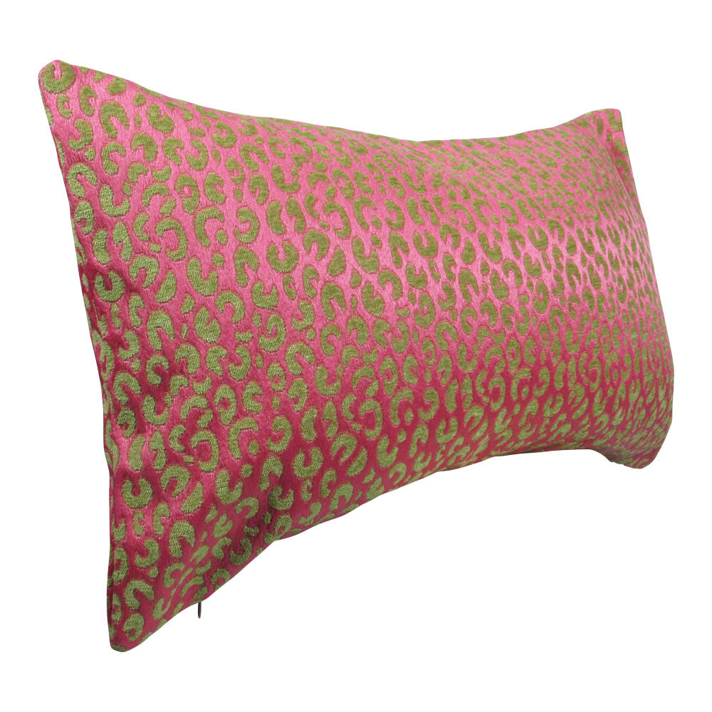 sideview of a shiny pink and green animal print lumbar pillow 