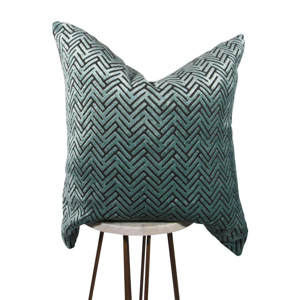 Seafoam green arrows square throw pillow on display | Makena Decor