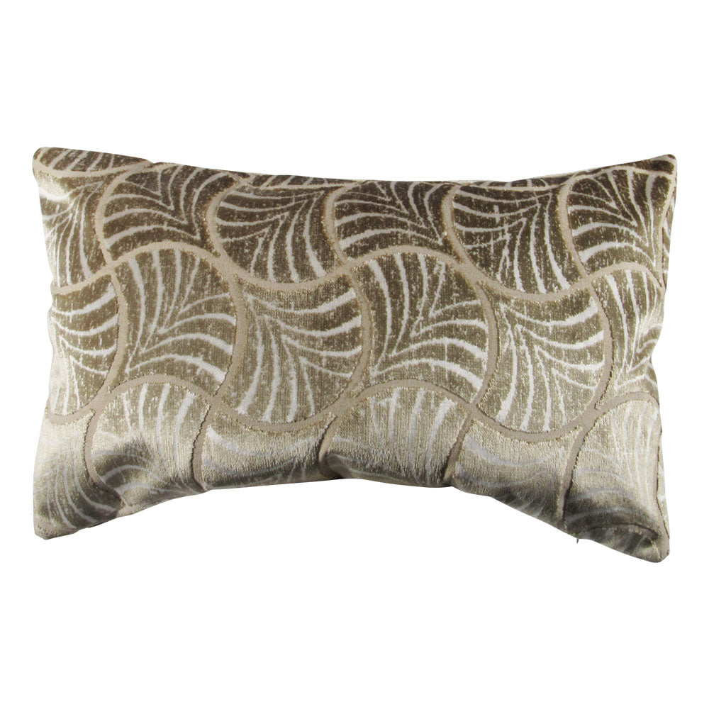 A rectangular throw pillow with a shiny, gold-tinged velvet texture and a leaf pattern.